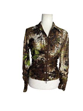 Vintage 90s Alberto Makali Double Zip Front Blouse Medium Brown Floral Sheer